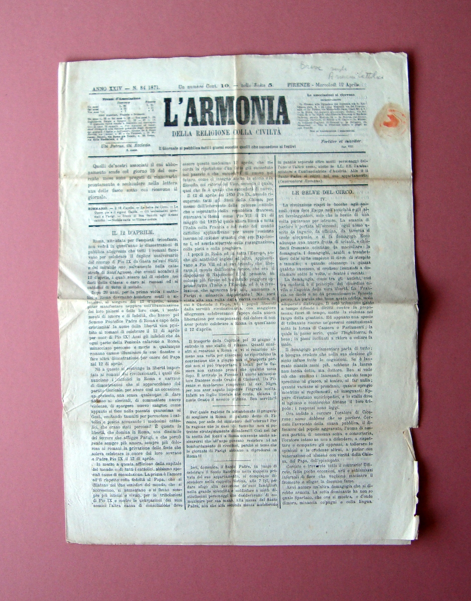 L'Armonia 1871 in prima Breve papale sugli Armeni Cattolici Pio …