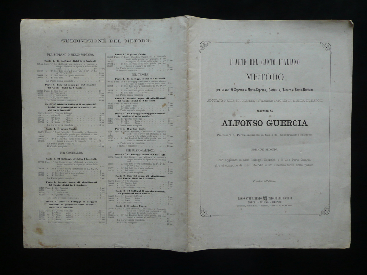 L'Arte del Canto Italiano A. Guercia Conservatorio Napoli Ricordi 1863 …