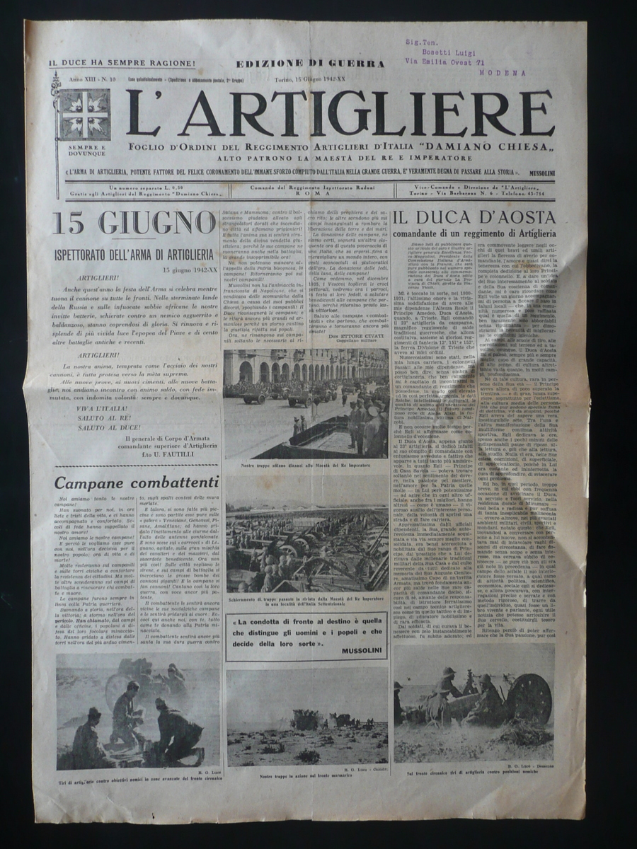 L'Artigliere Foglio d'Ordini Reggimento Damiano Chiesa 15/6/1942 WW2 Artiglieria
