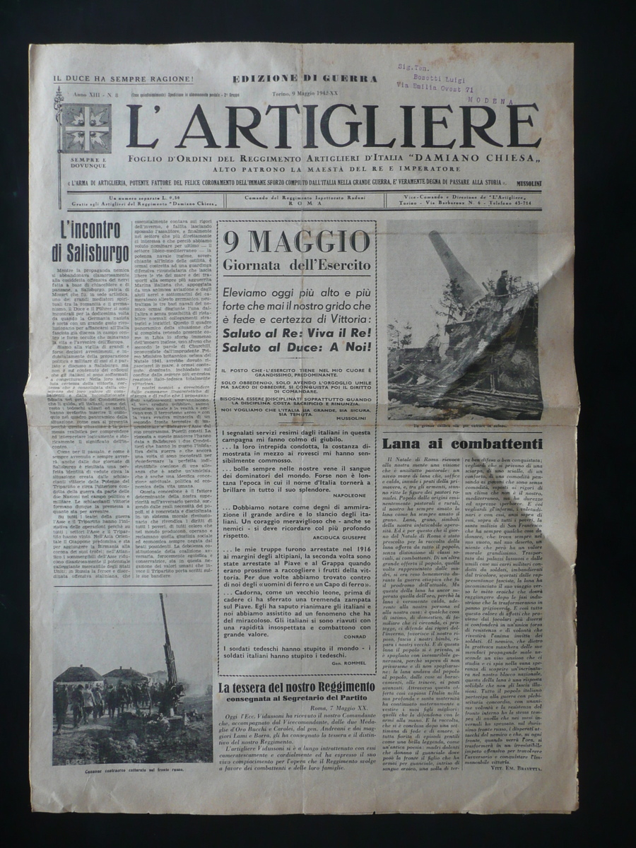 L'Artigliere Foglio d'Ordini Reggimento Damiano Chiesa 9/5/1942 WW2 Lettere