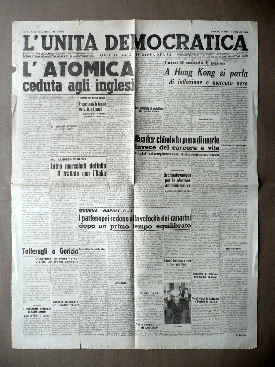 L'Atomica Ceduta agli Inglesi L'Unit‡ Democratica Modena 7/10/1946