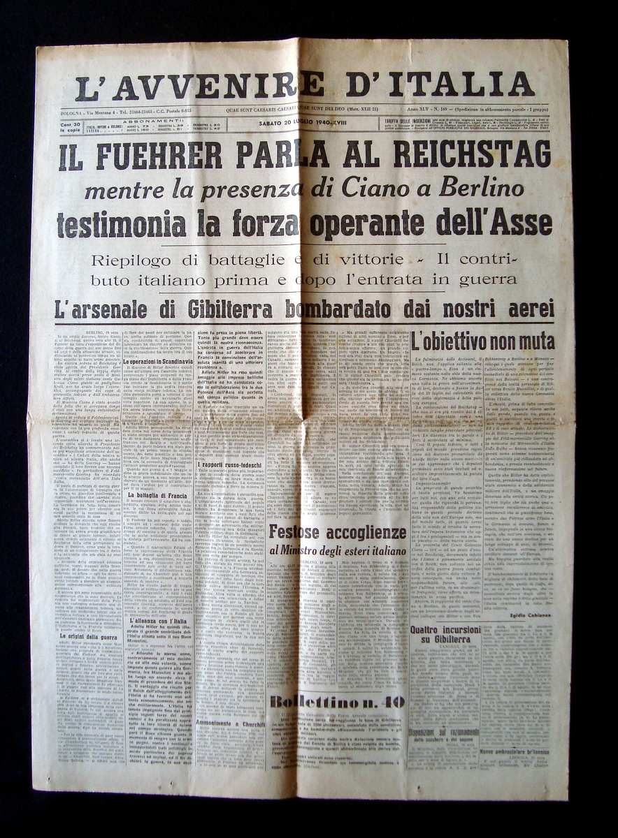 L' Avvenire d'Italia Fuehrer Reichstag Ciano Berlino Anno XLV N …