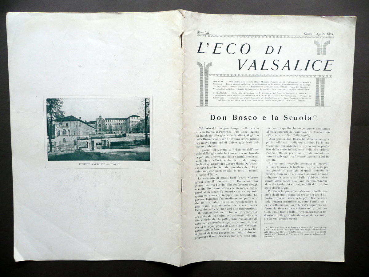 L'Eco di Valsalice Anno XII Torino Agosto 1934 Canonizzazione Don …