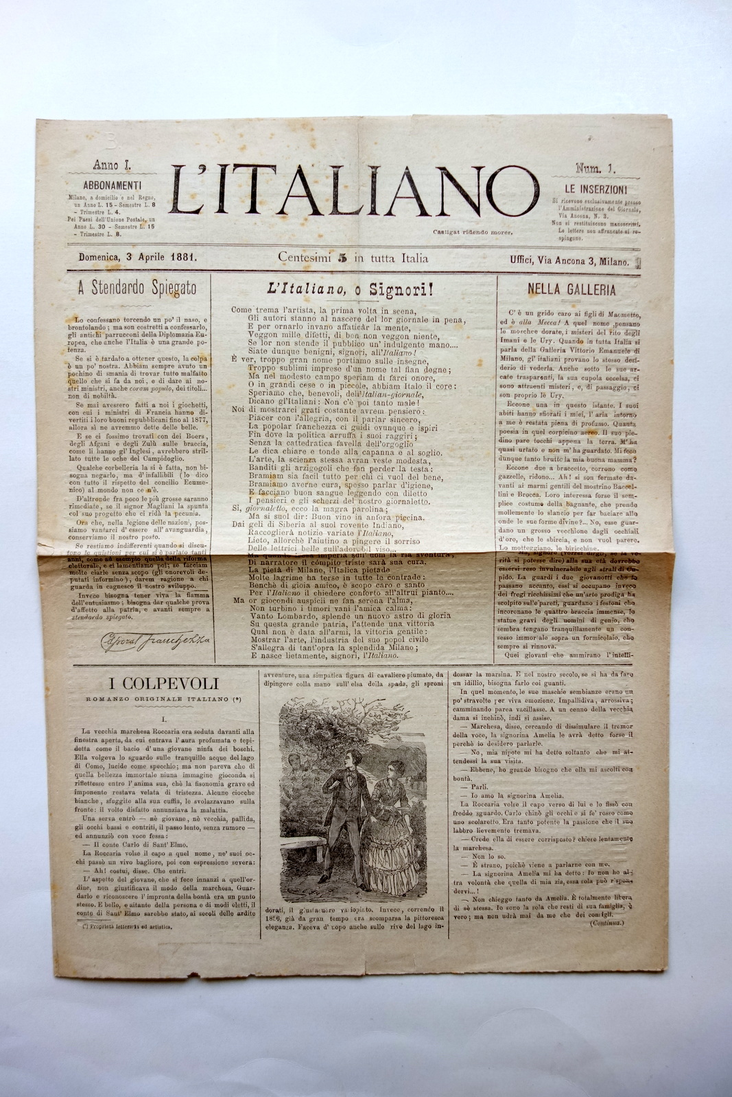 L'Italiano Anno I Numero 1 Milano, 3/4/1881 Completo Raro