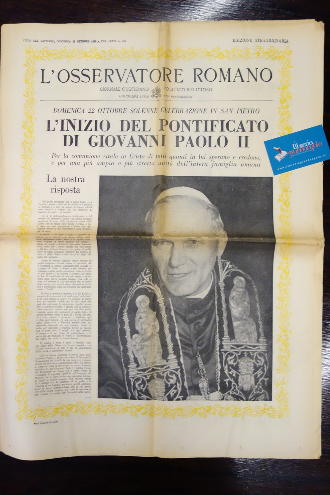 L'OSSERVATORE ROMANO INIZIO PONTIFICATO PAPA GIOVANNI PAOLO II 22/10/1978 COMPL.