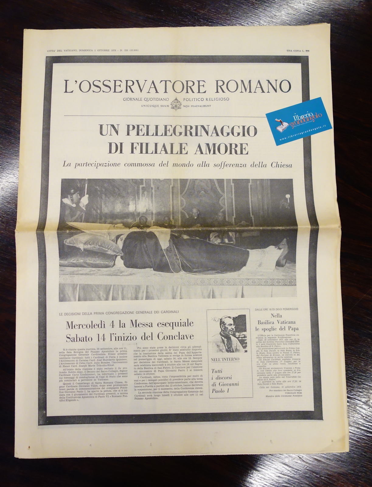 L'OSSERVATORE ROMANO MORTE PAPA GIOVANNI PAOLO I LUCIANI 1/19/1978 COMPLETO