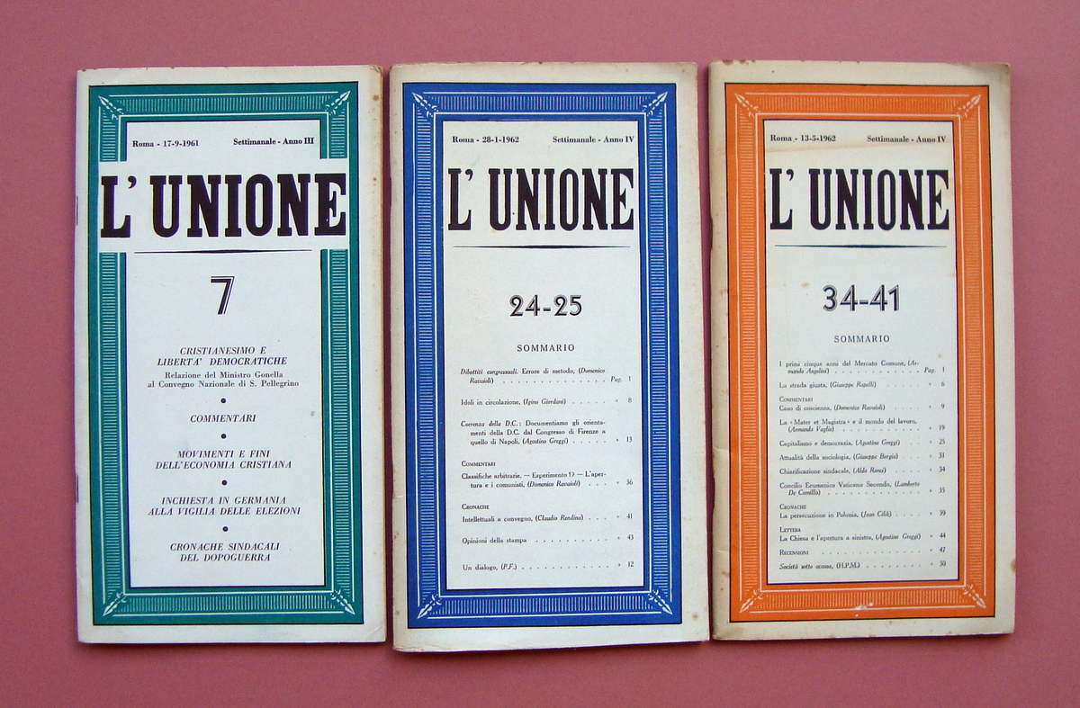 L'Unione 3 numeri rivista 1961-62 direttore Giordani settimanale DC