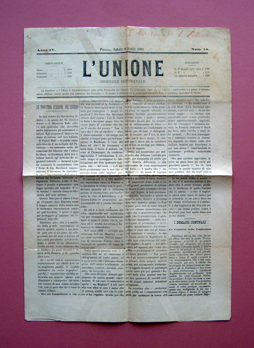 L'Unione Anno IV n 14 2 Aprile 1881 Foggia completo