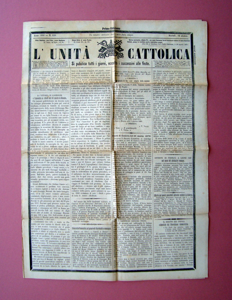 L'Unit‡ Cattolica Anno 1880 Disordini Genova 1879 Canzio Mazzini Garibaldi