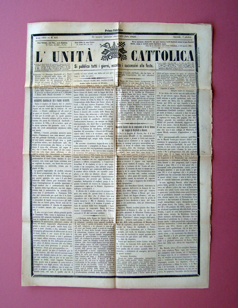L'Unit‡ Cattolica Anno 1880 Garibaldi ed i Padri Gesuiti viaggio …