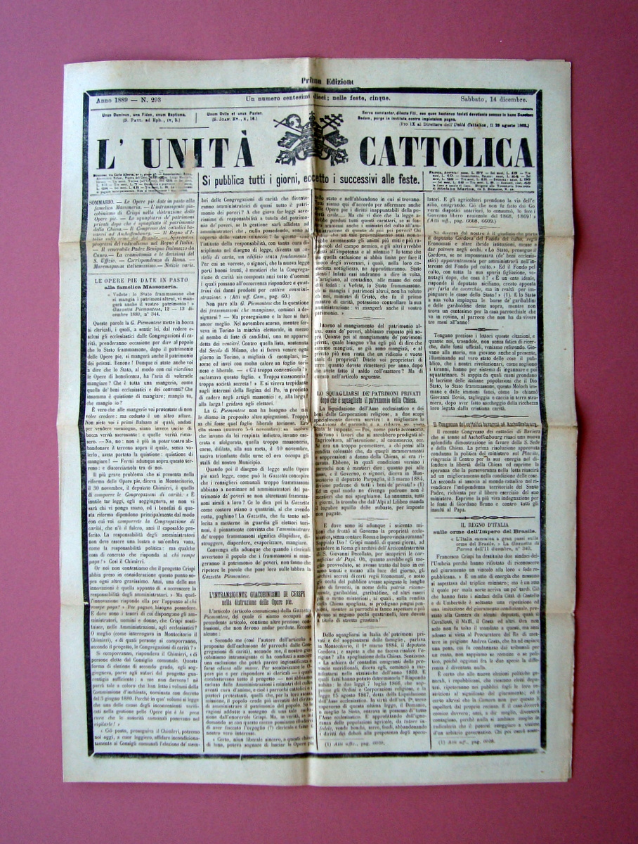 L'Unit‡ Cattolica Anno 1889 Le opere Pie date in pasto …