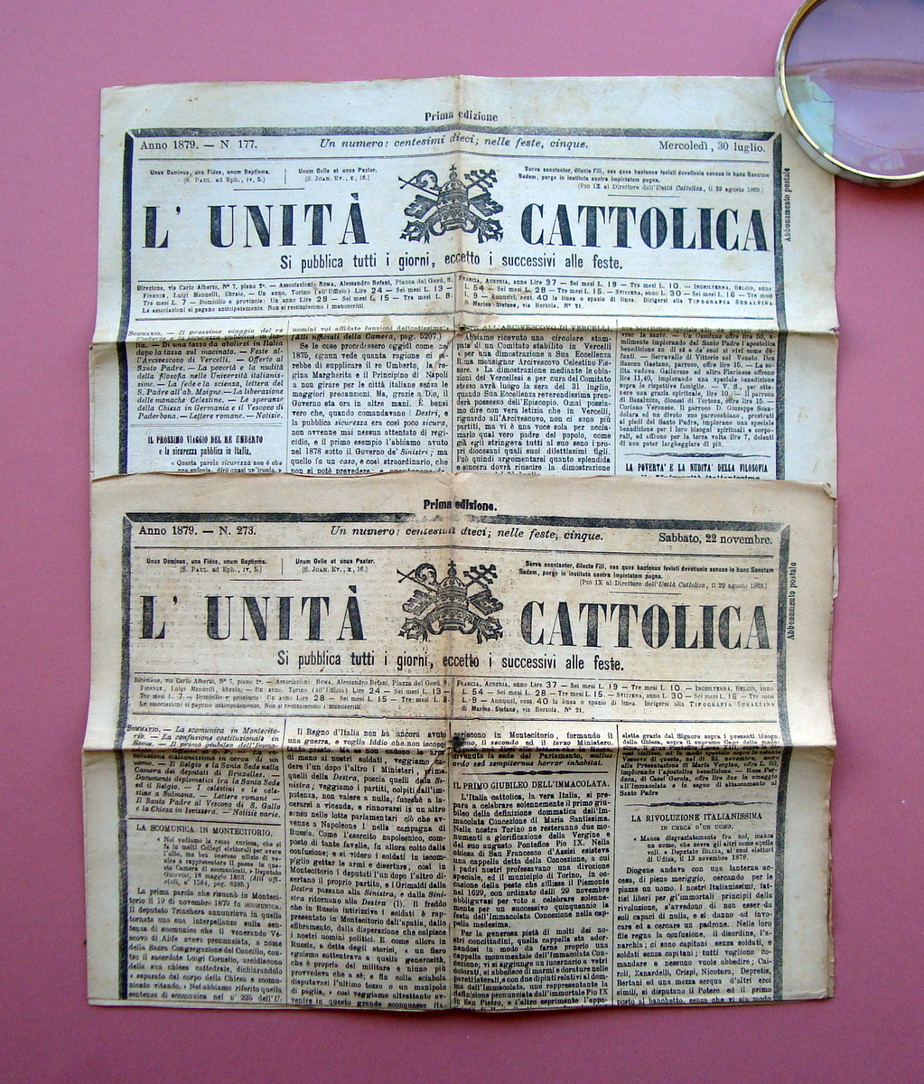 L'Unit‡ Cattolica due numeri Anno 1879 Celestini Sulmona monache Celestine