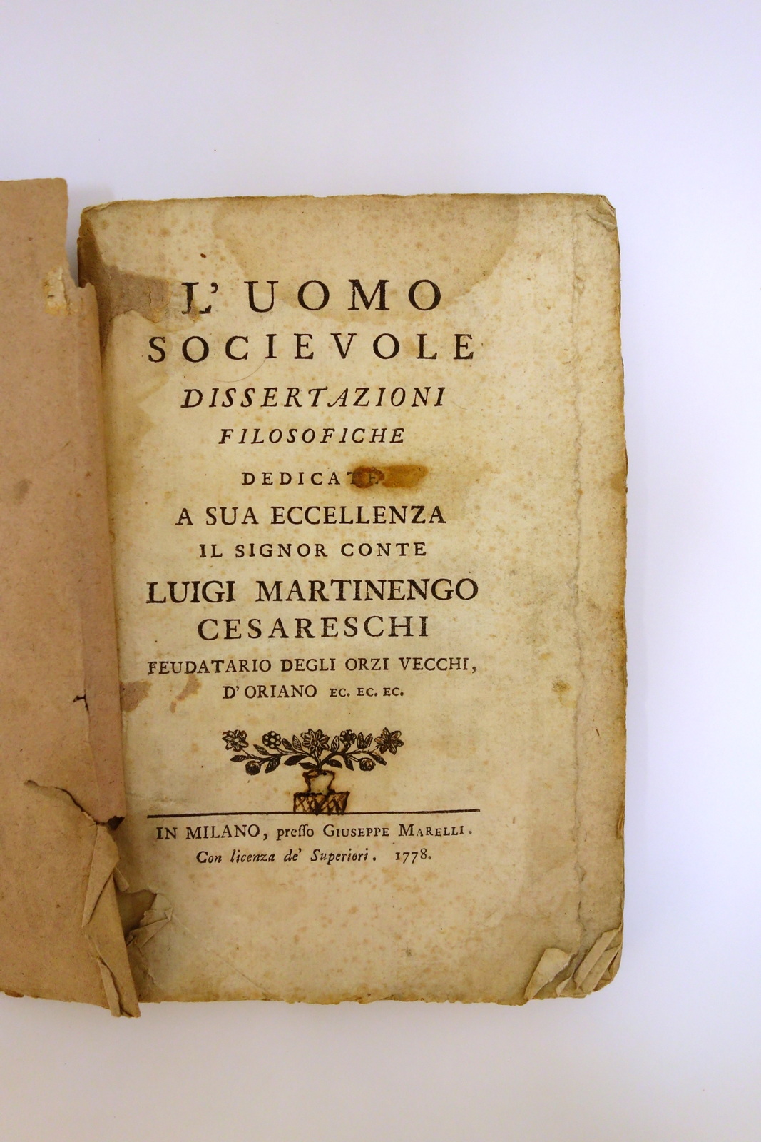 L'Uomo Socievole Dissertazioni Filosofiche G. Cassola Marelli Milano 1778