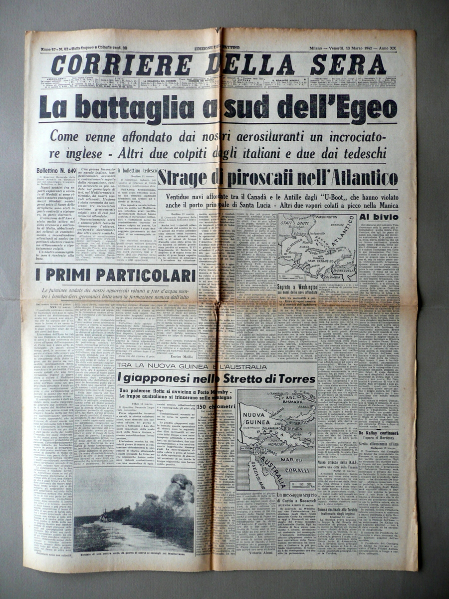 La Battaglia a Sud dell'Egeo Corriere della Sera 13/3/1942 WW2 …