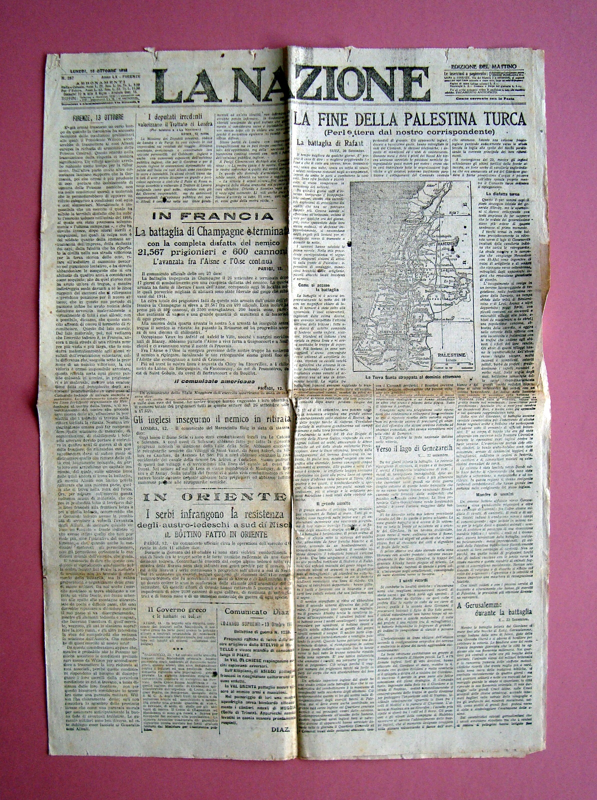 La Fine della Palestina Turca Battaglia Rafaat La Nazione 14/10/1918