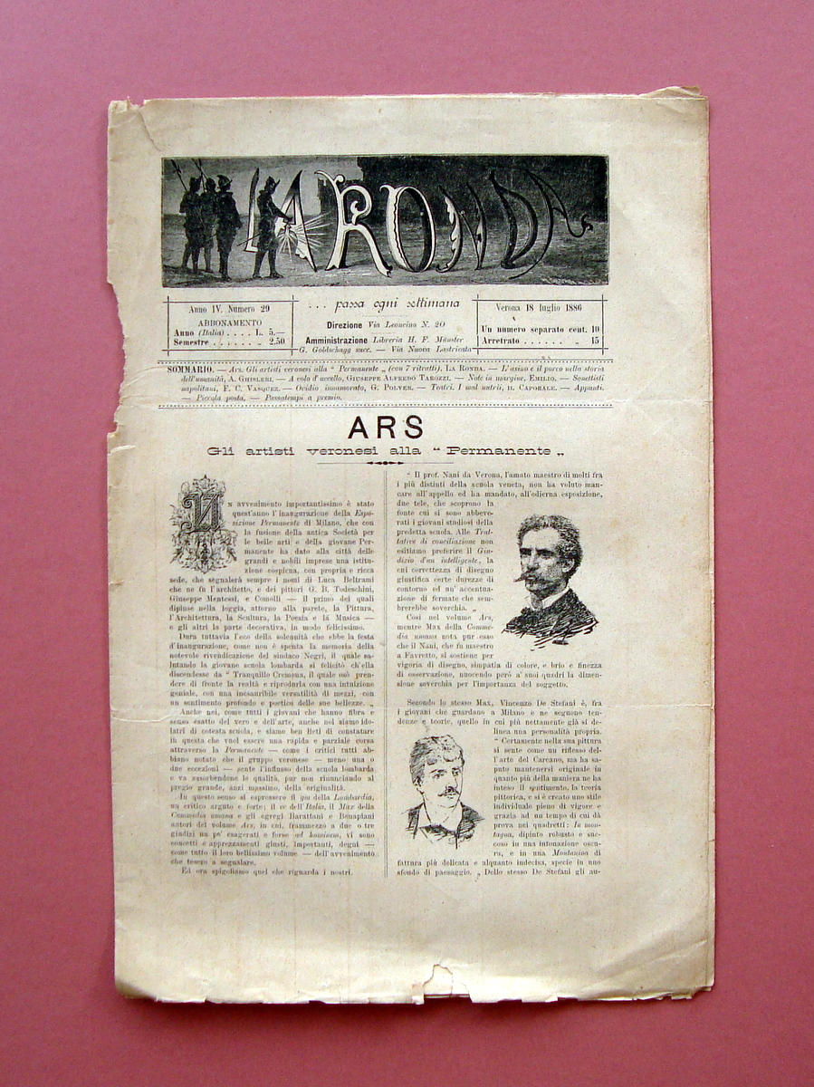 La Ronda settimanale 18 luglio 1886 Verona Gli Artisti Veronesi …