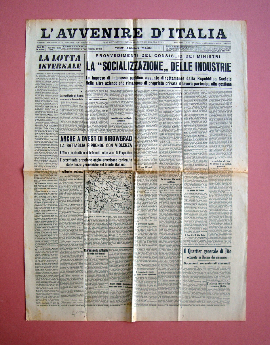 La socializzazione delle Industrie L'Avvenire d'Italia 14/1/1944