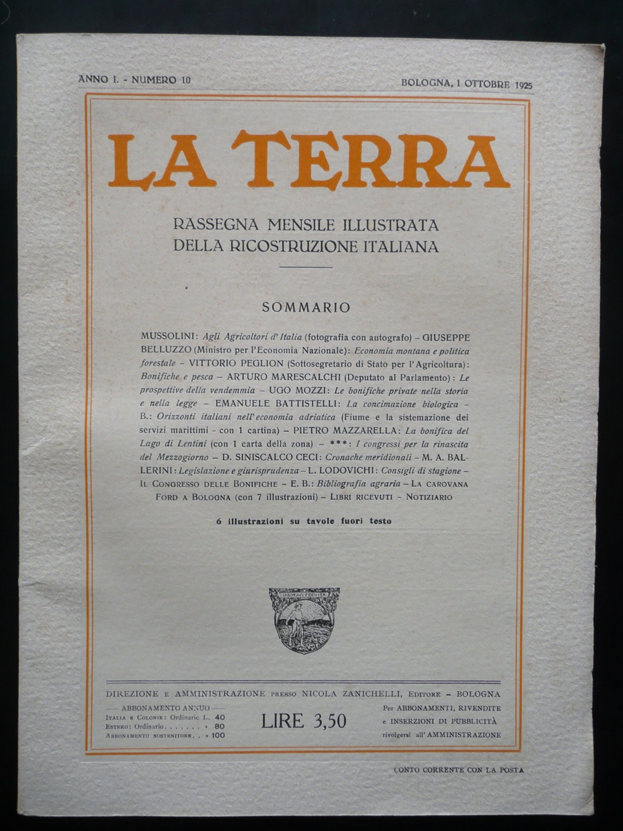 La Terra Anno I N.10 Bologna 1/10/1925 Lago Lentini Concimazione …