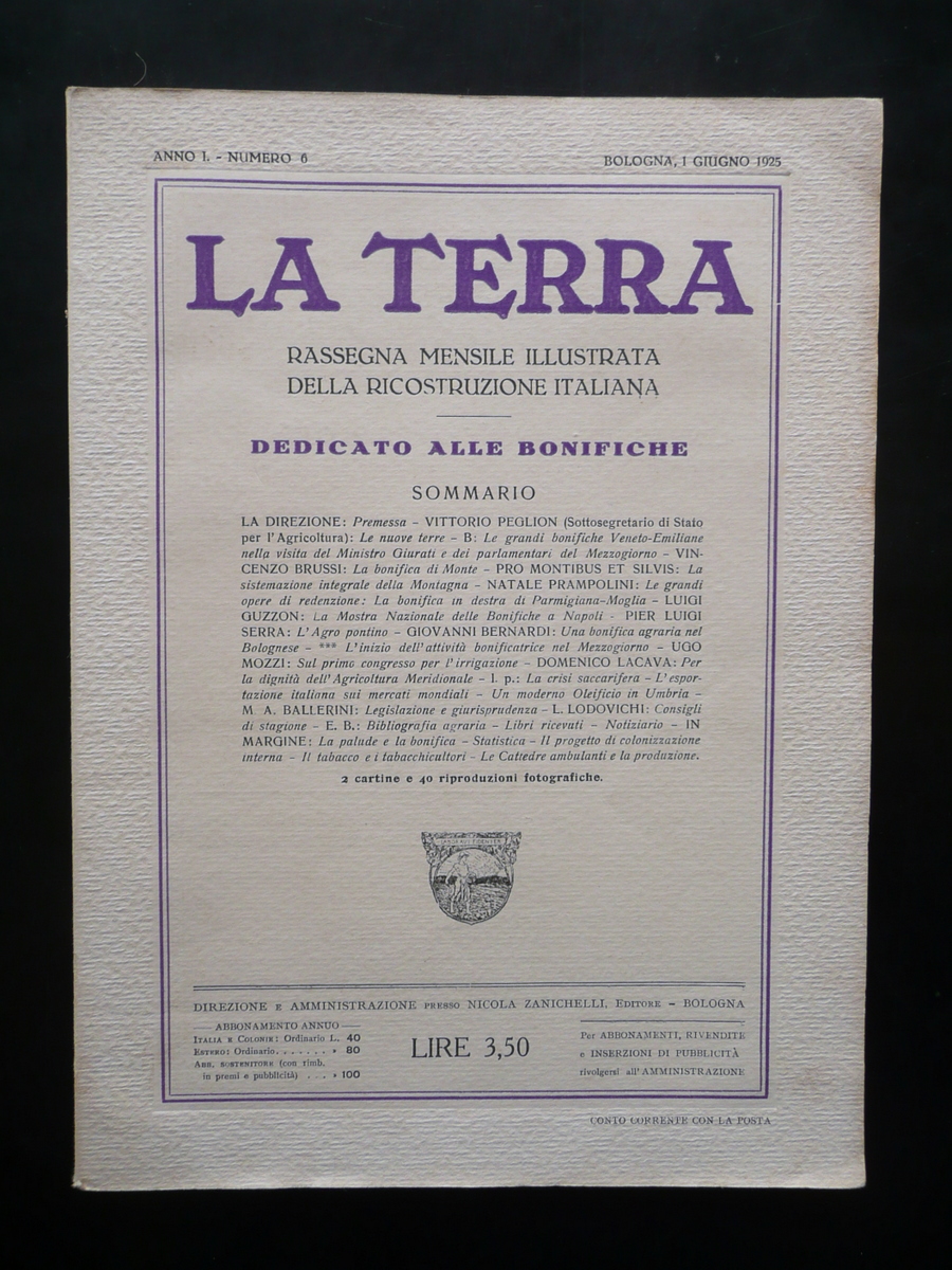 La Terra Anno I N.6 Bologna 1/6/1925 Bonifiche Tenuta Belfiore …