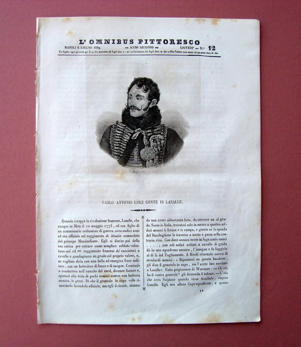 Lago D'Averno incisione+articolo Rivista L'Omnibus Pittoresco N 12 Napoli 1839