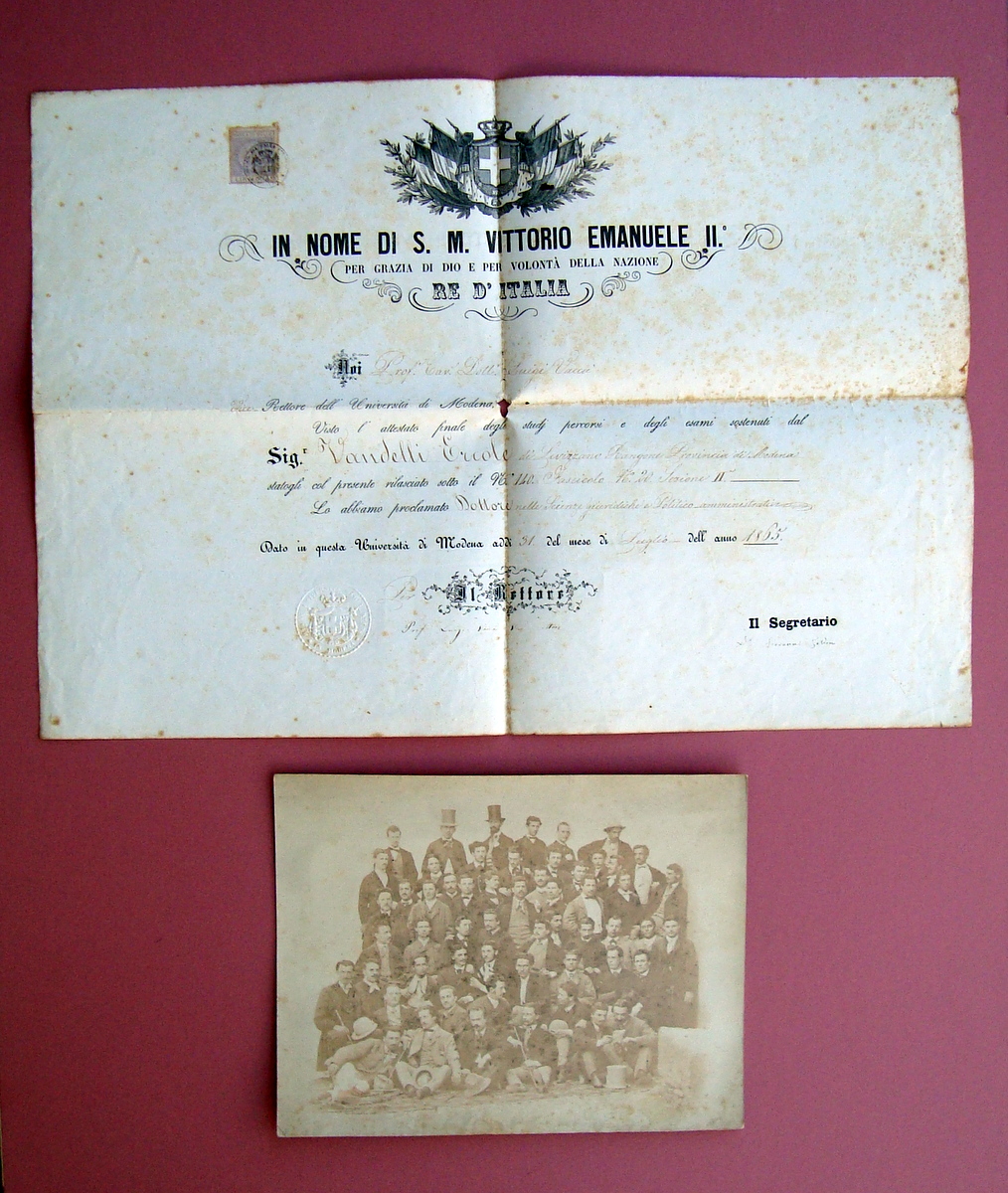 Laurea Vandelli Ercole Levizzano Rangone Dottore Legge 1865+foto laureandi