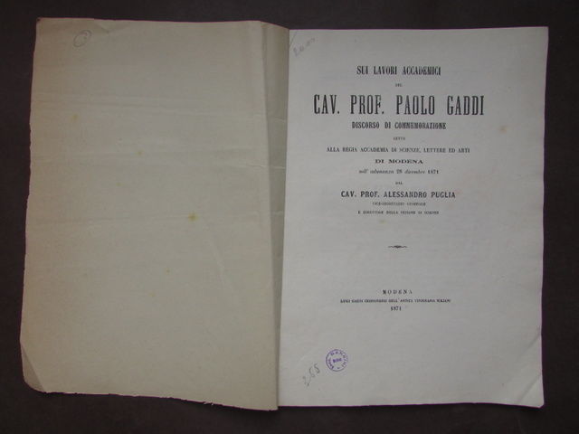 Lavori Accademia Paolo Gaddi Discorso Commemorazione Modena 1871 Puglia Medicina