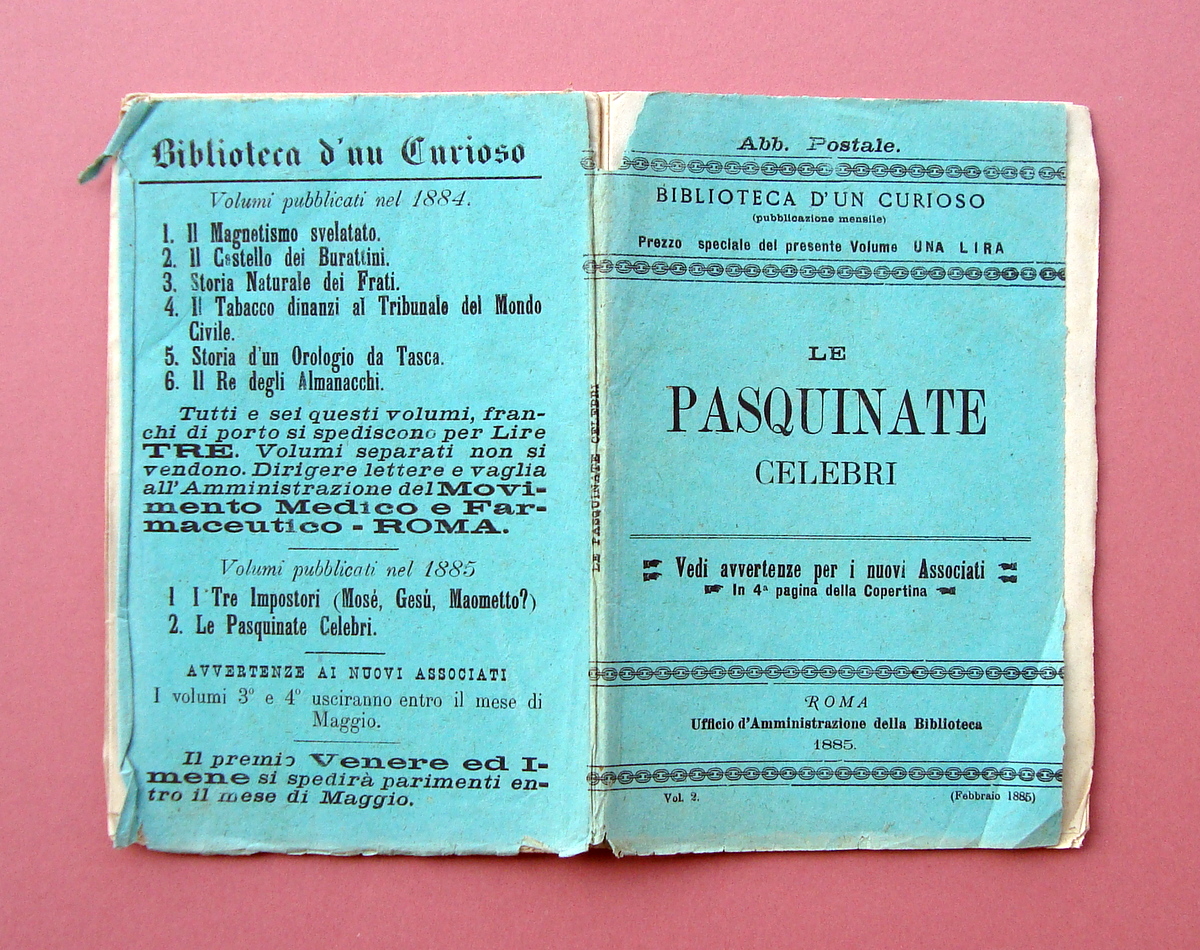 Le Pasquinate Celebri 1885 Biblioteca d'un curioso Roma mensile