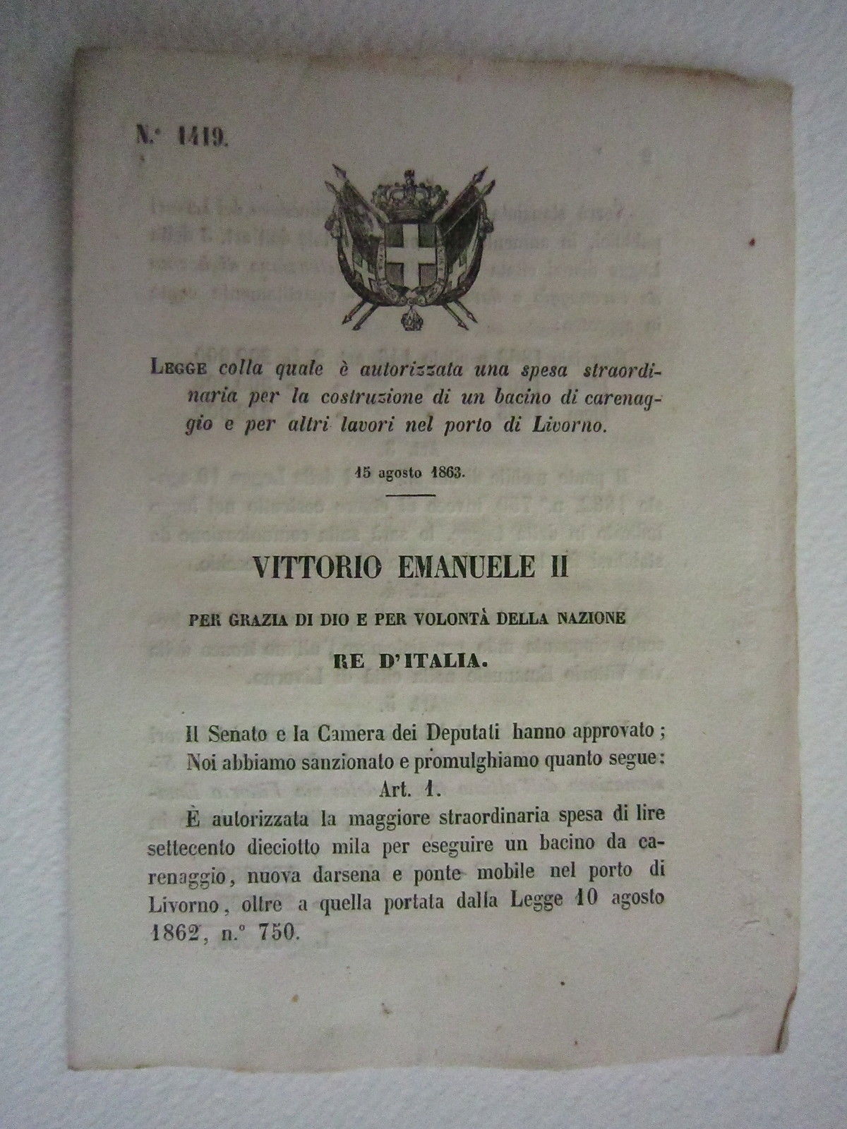 Legge Decreto Diritto Porto Livorno Bacino Costruzione 1863 Bollettino Leggi