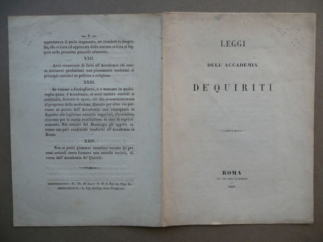 Leggi Accademia Quiriti Roma Scienze Arti Liberali 1859 Regolamenti Opuscolo