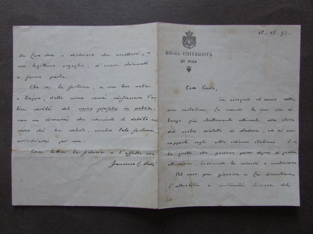Lettera Autografa Francesco PullË Glottologia Sanscrito Garibaldino Pisa 1897