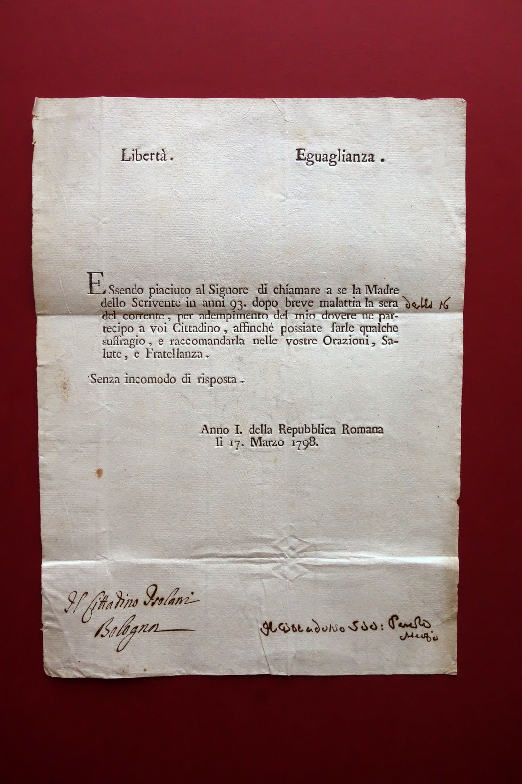 Lettera Bologna Repubblica Romana 1798 Autografo Isolani Morte della Madre