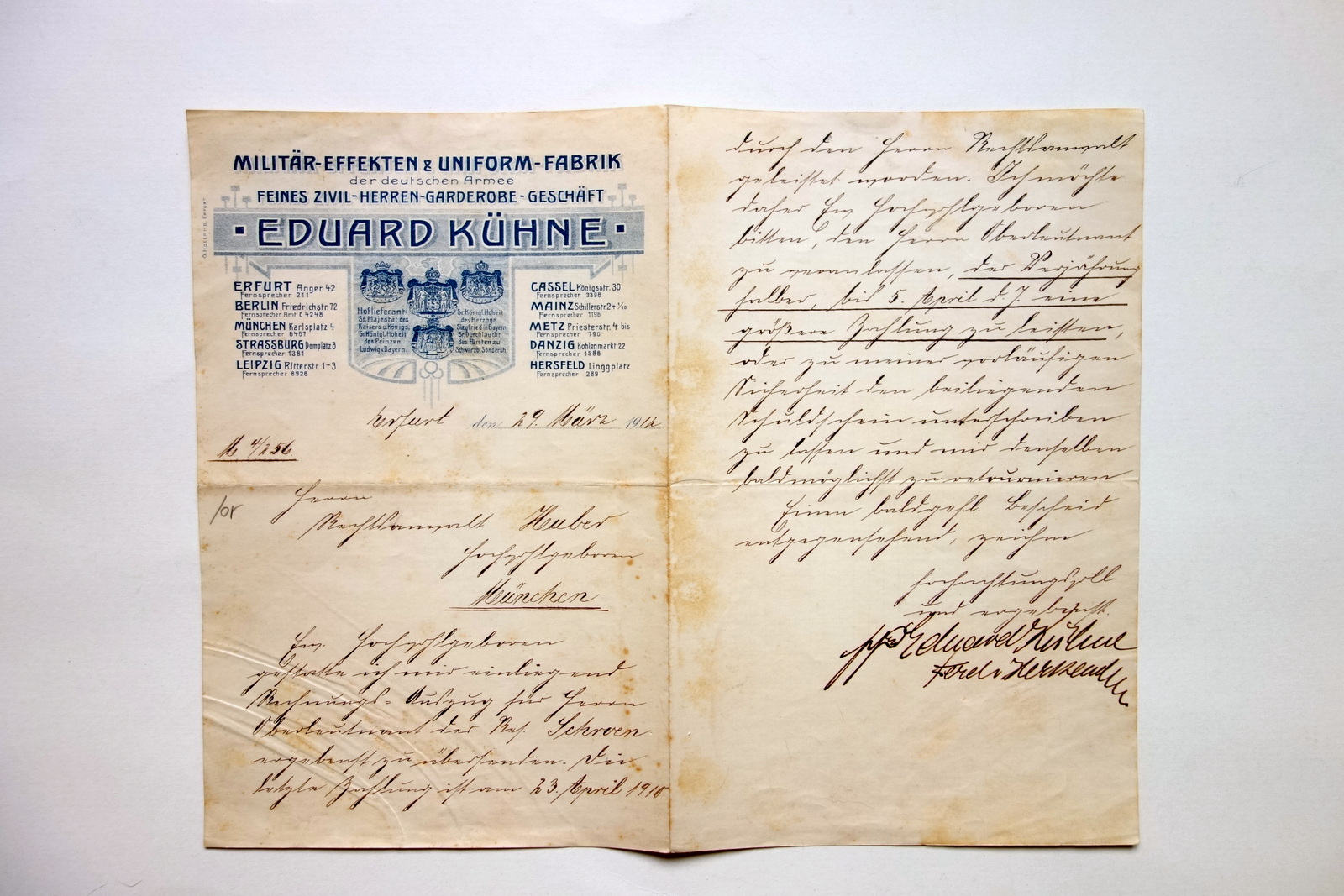 Lettera Carta Intestata Eduard Kuhne Forniture Militari Fabbrica Uniformi 1914