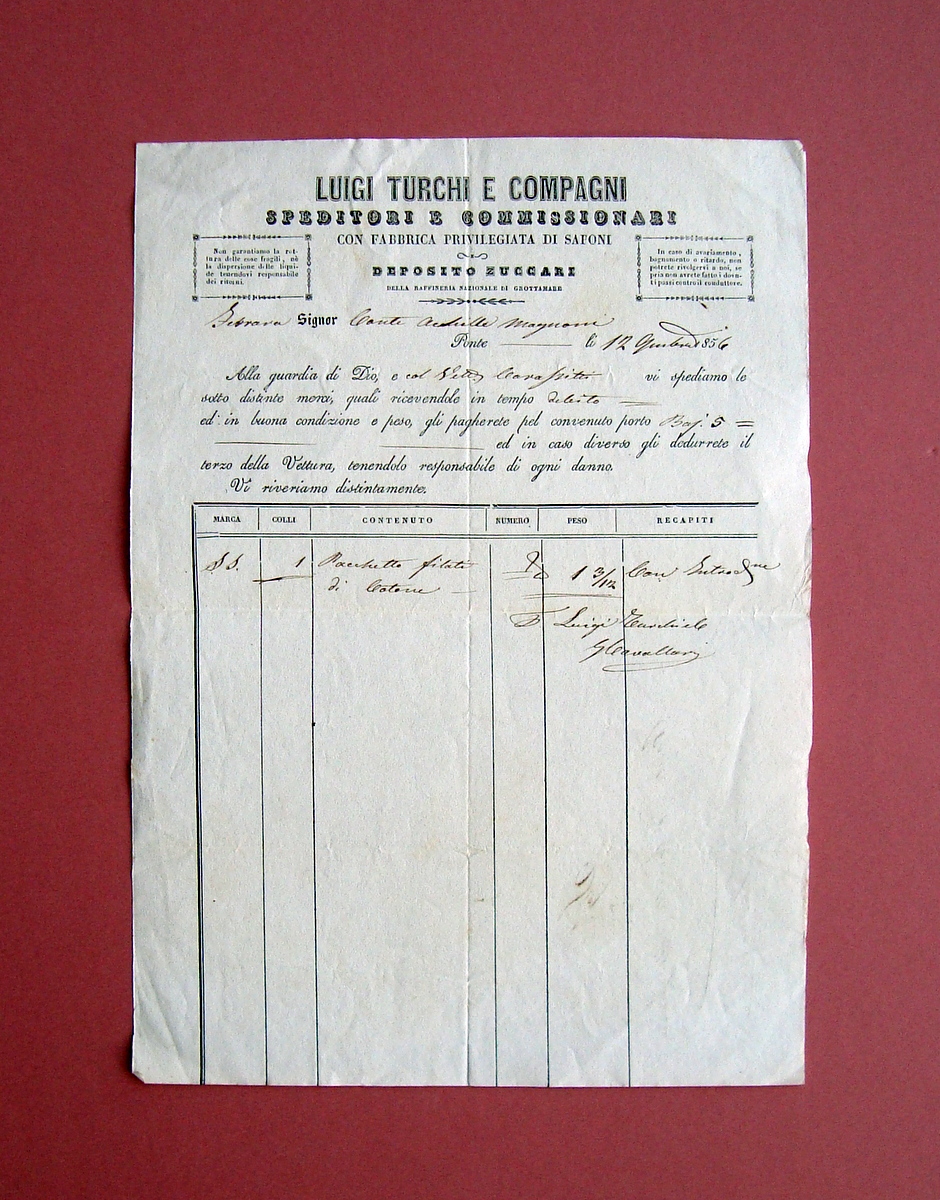 Lettera di Porto 1856 L.Turchi e C. Fabbrica Saponi Deposito …