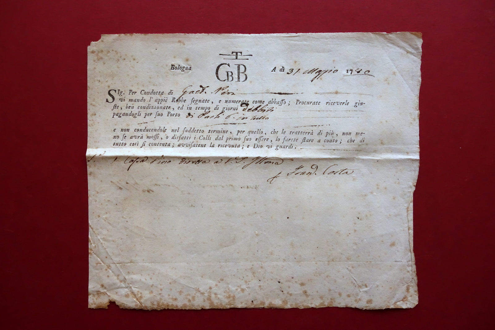 Lettera di Vettura a Stampa Compilata Consegna 1 Cassa di …