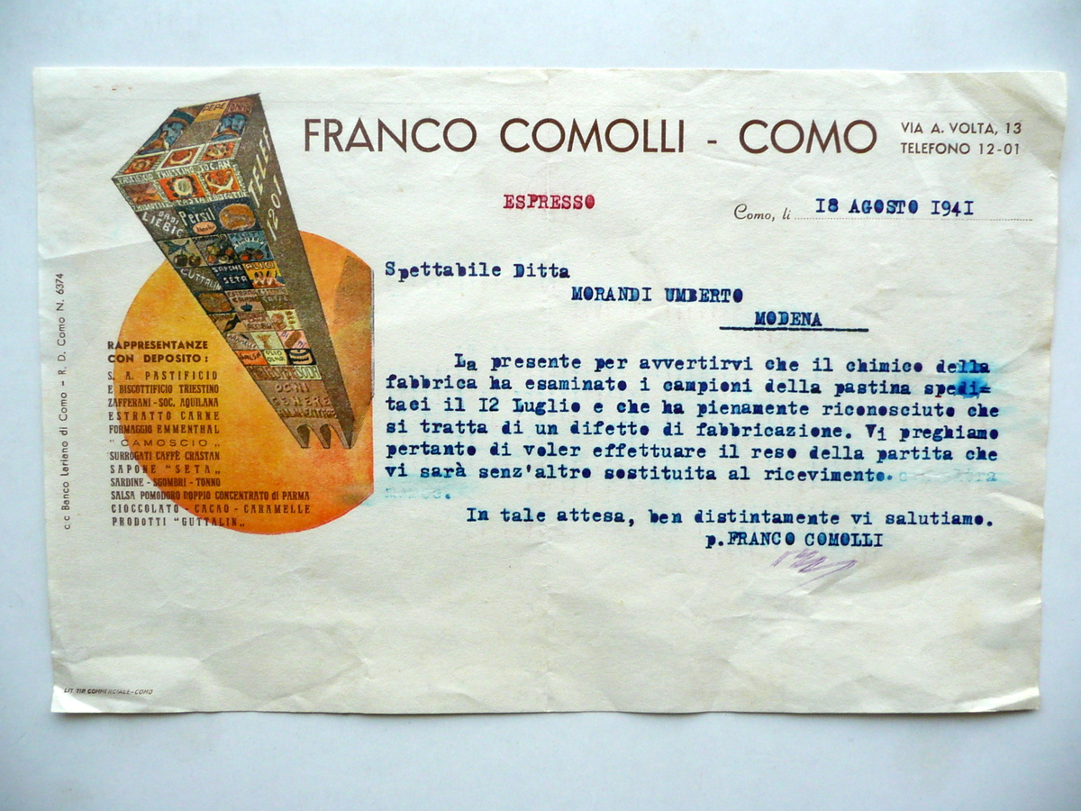 Lettera Franco Comolli Como Pastificio 18/8/1941 Grafica Reso Partita Difettosa