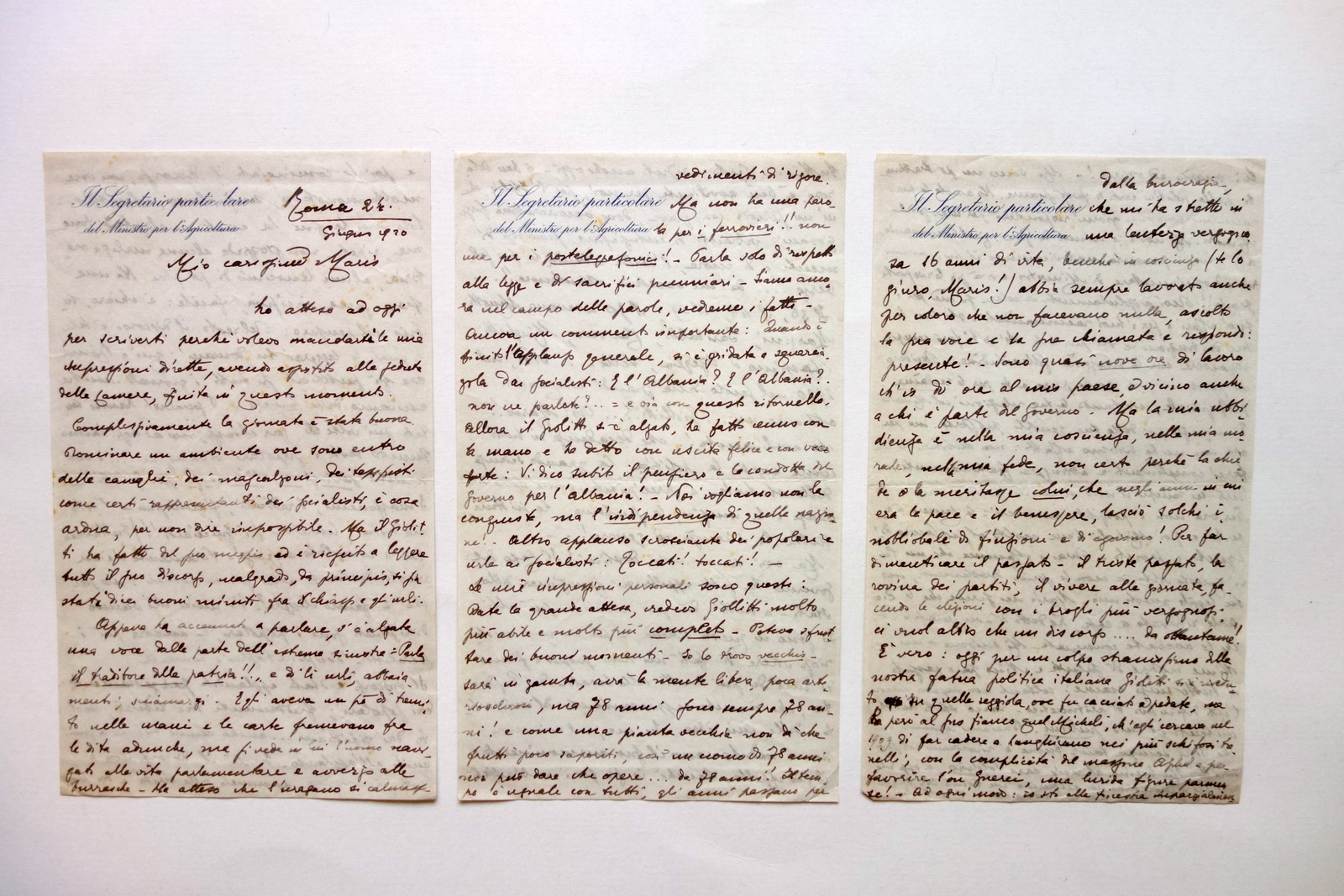 Lettera Giulio Amorth Seduta Parlamentare Discorso Giolitti 24/6/1920