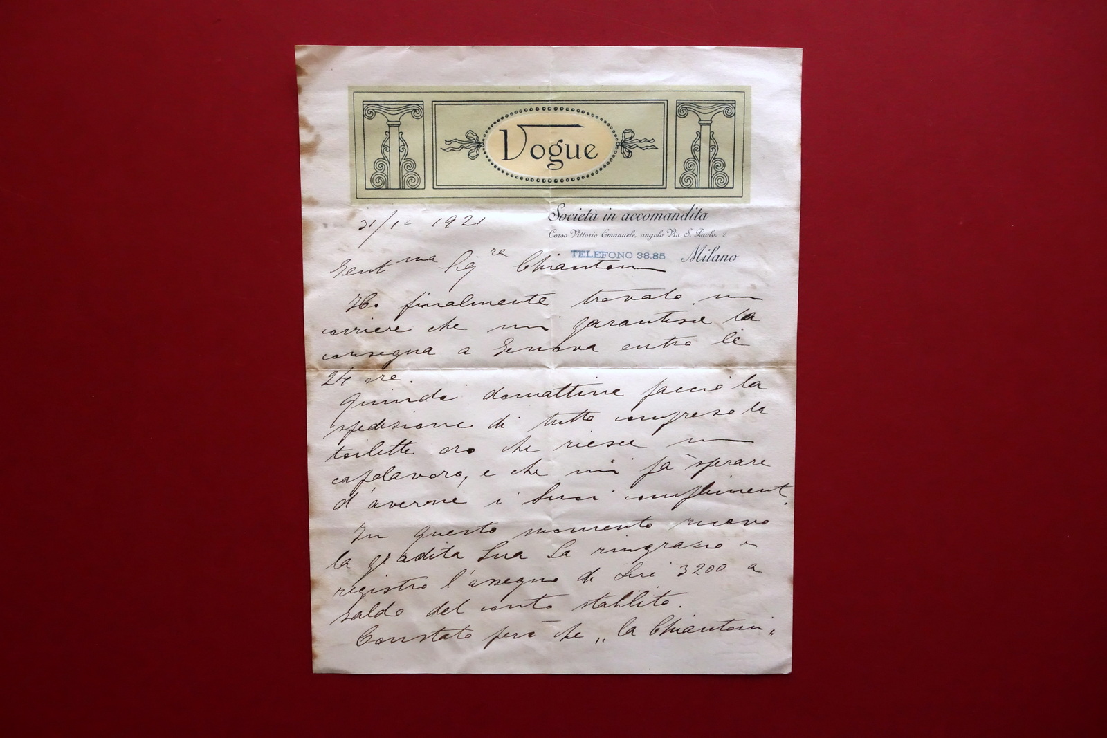 Lettera Intestata Vogue Negozio Moda Corso V. Emanuele Milano Chiantoni …