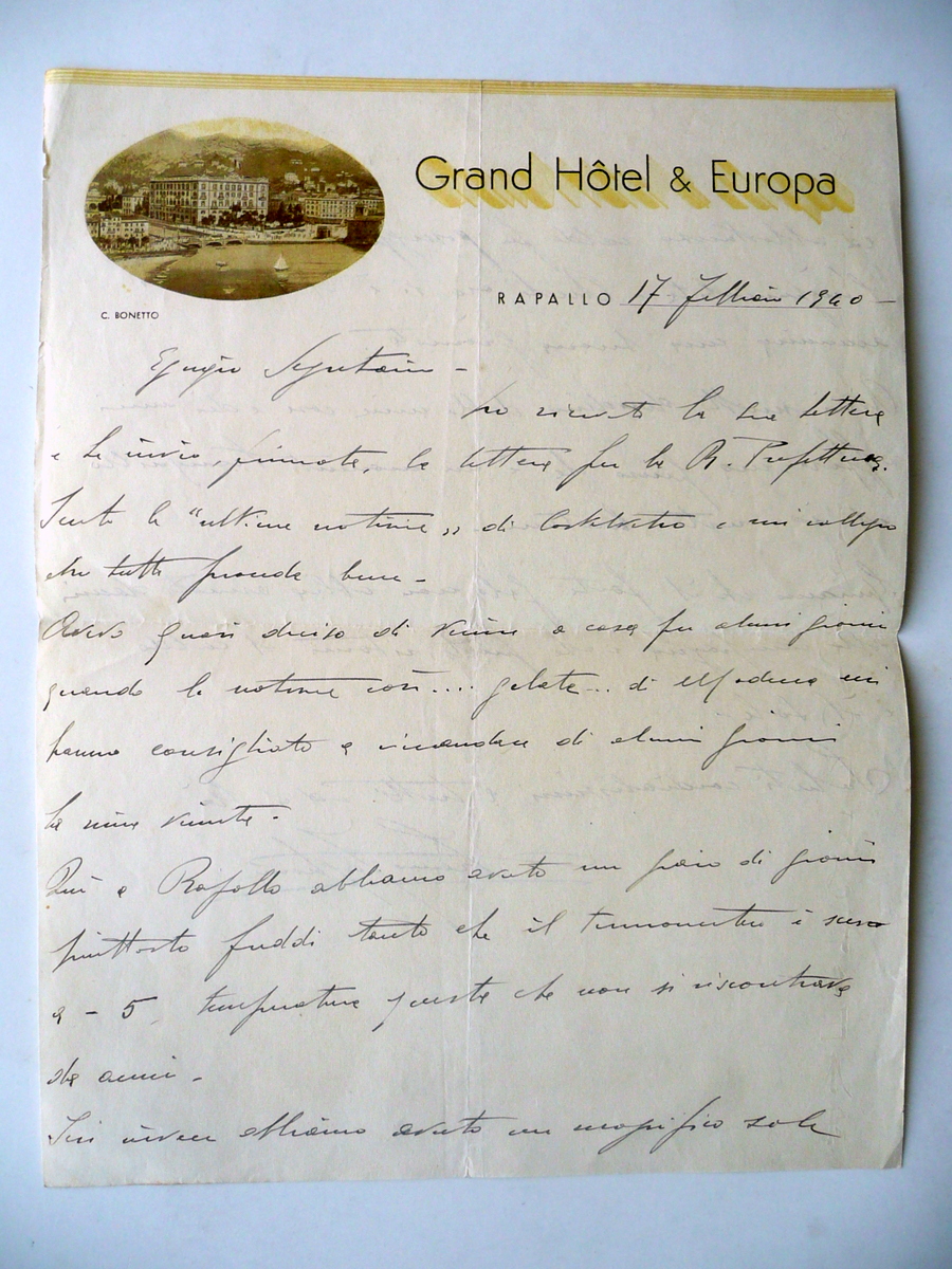 Lettera Intestazione Grand Hotel & Europa Rapallo 17 Febbraio 1940 …