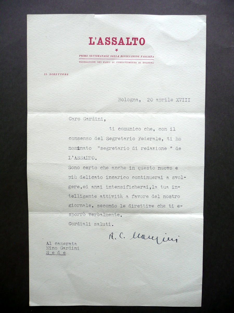 Lettera Intestazione L'Assalto Bologna X Legio Nomina Segretario Redazione 1940