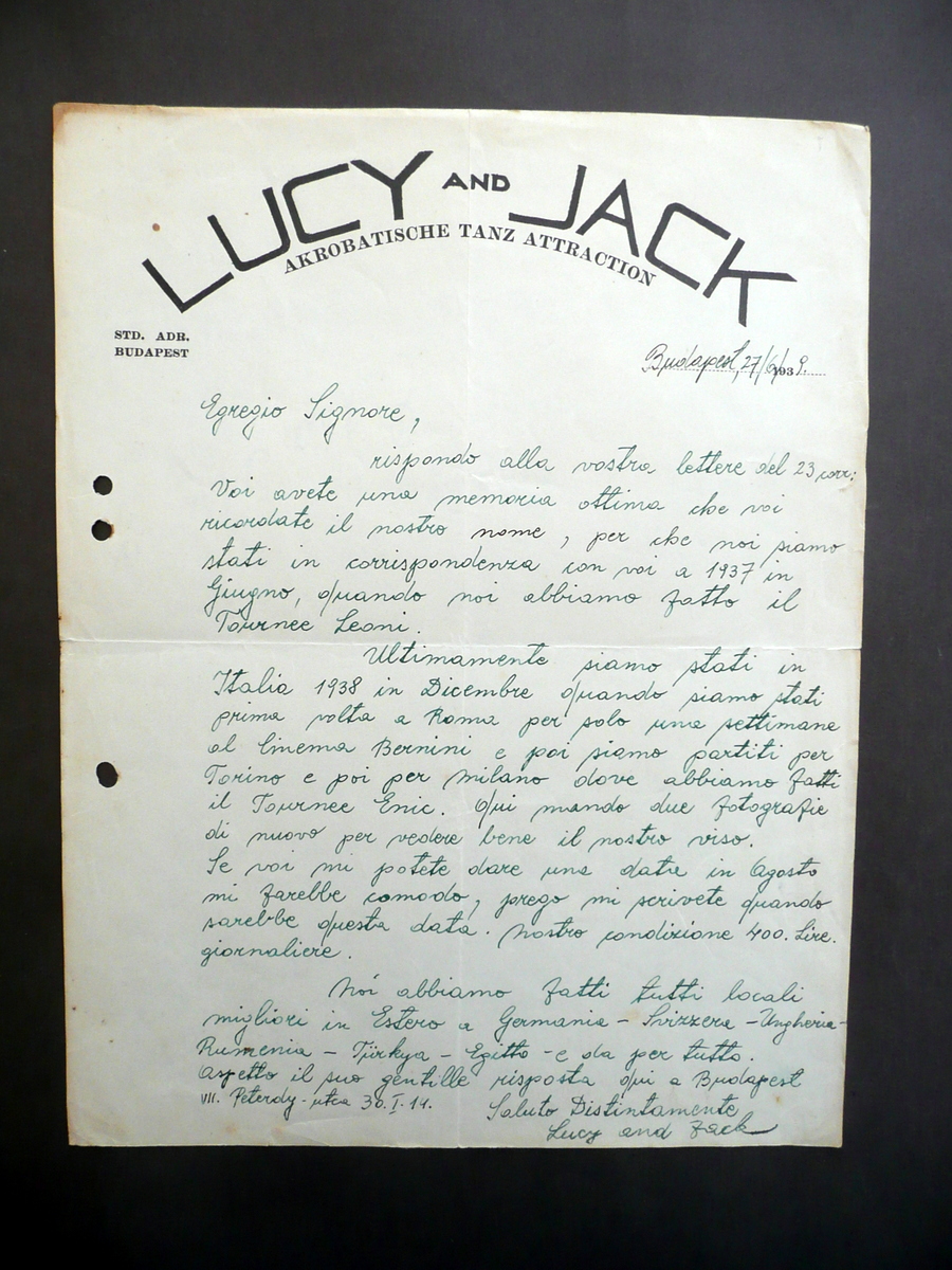 Lettera Lucy and Jack Danza Acrobatica Budapest Presentazione Spettacolo 1939