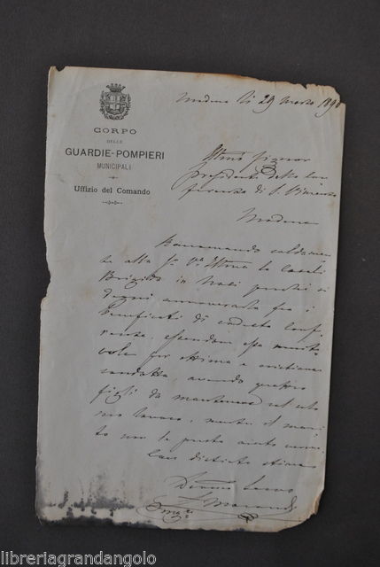 Lettera Pompieri Vigili del Fuoco Guardie Incendi Modena Carta Intestata …