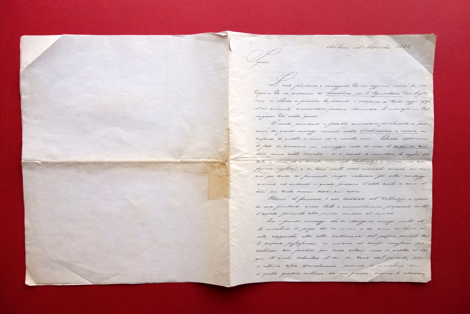 Lettera Schlegel Giovanni Macchine Agricoltura Trebbiatura a Vapore Milano 1862