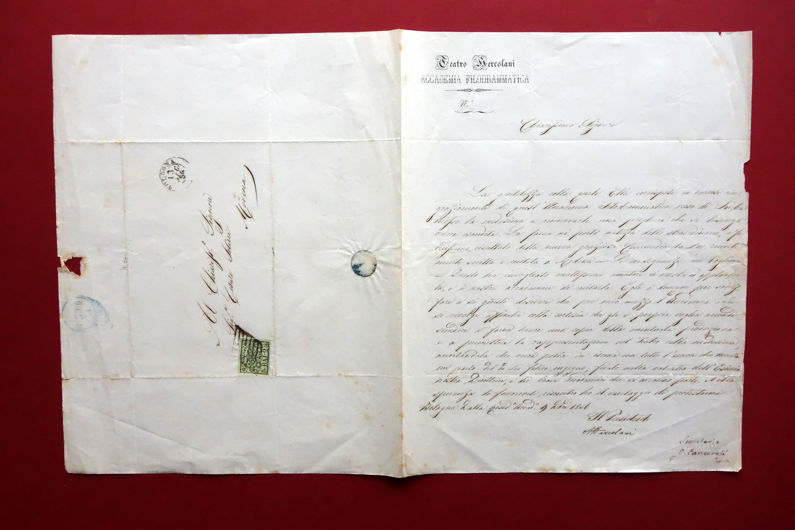 Lettera Teatro Hercolani Bologna Accademia Filodrammatica Solieri Modena 1856
