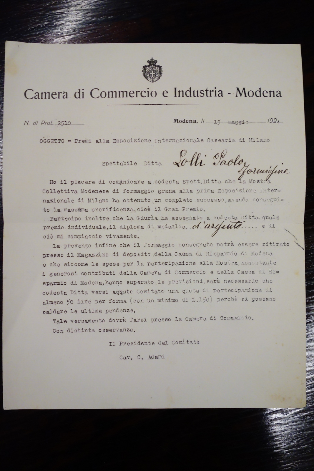Lettera ufficiale Camera di Commercio Modena Premio grana Lolli Formigine …