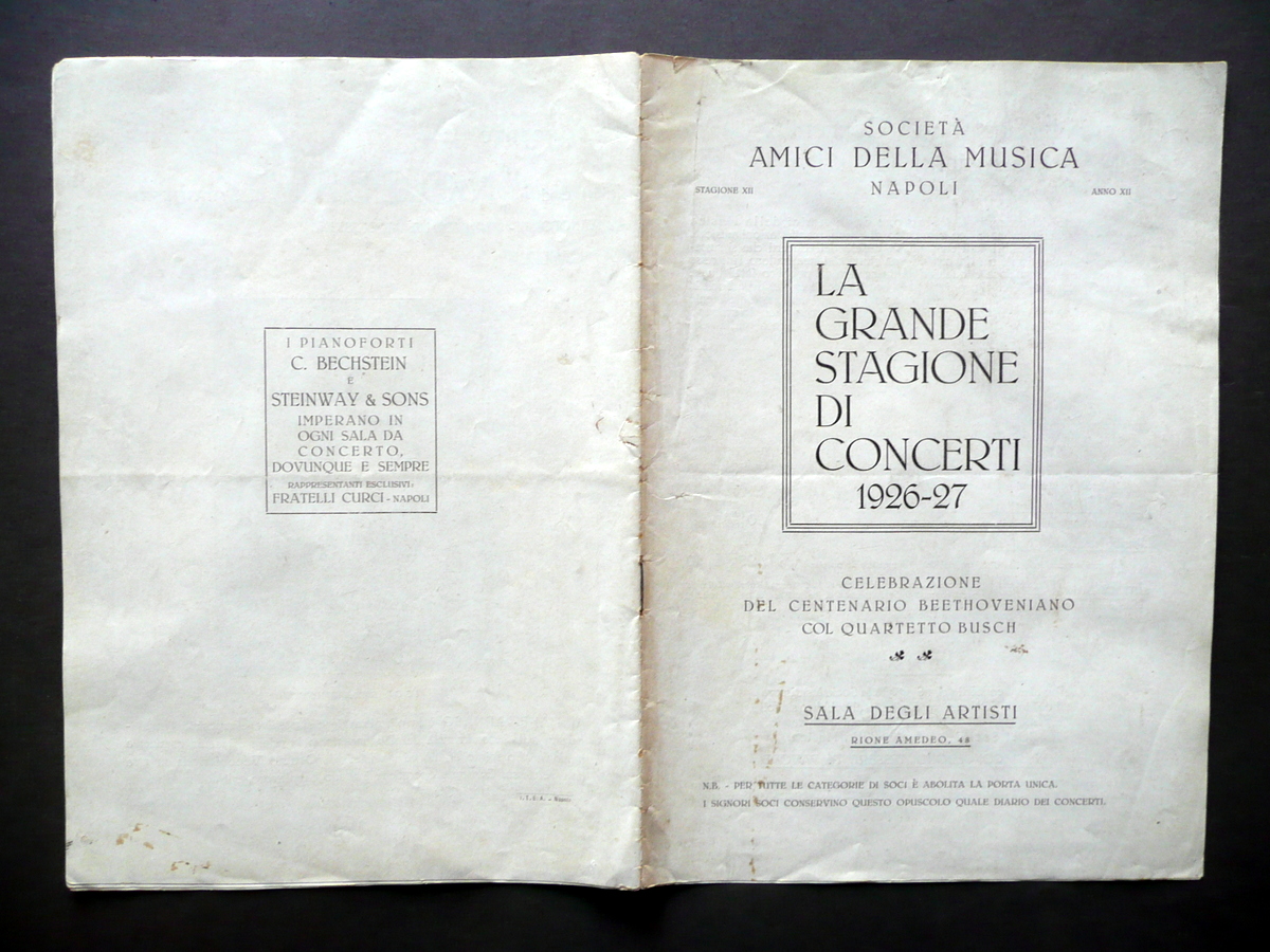Libretto Amici della Musica Napoli Concerti 1926-27 Artisti Biografie Musica