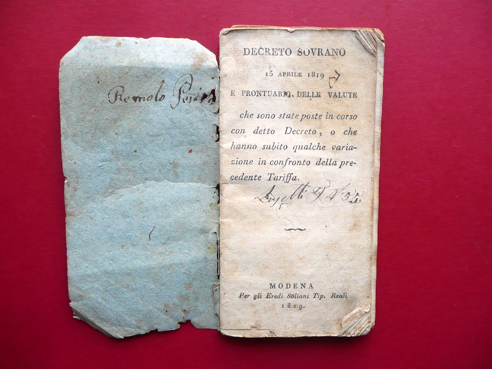 Libretto Decreto Sovrano e Prontuario delle Valute Soliani 1819 Francesco …