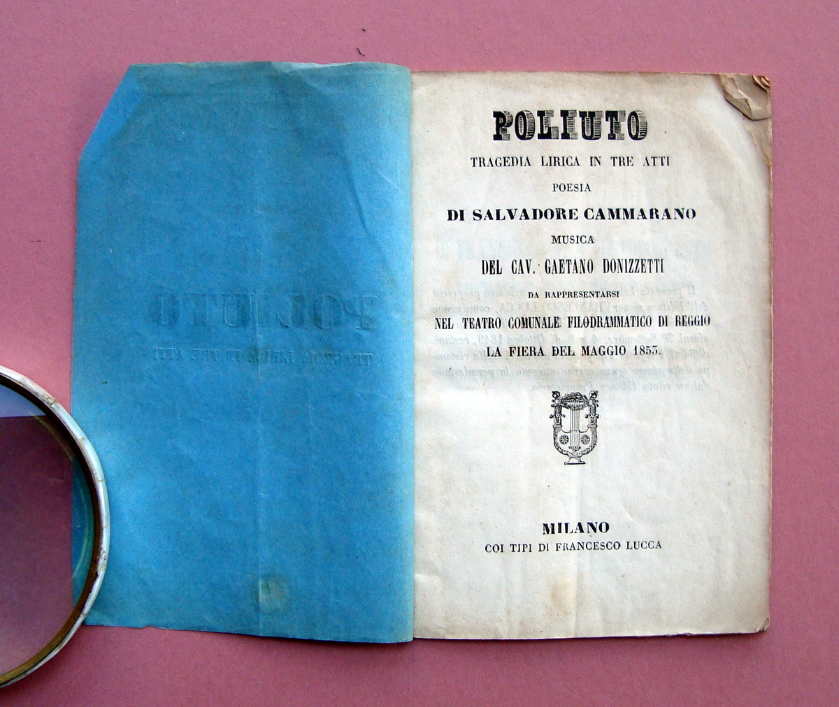 Libretto Opera Poliuto Teatro Reggio 1853 Tragedia Lirica Francesco D'Este
