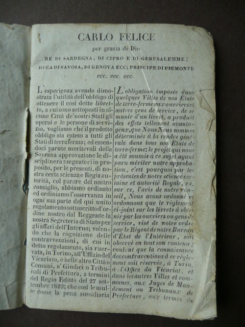 Libretto Servizio Torino Carlo Felice 1829 Pergamena Verzuolo Moncalieri