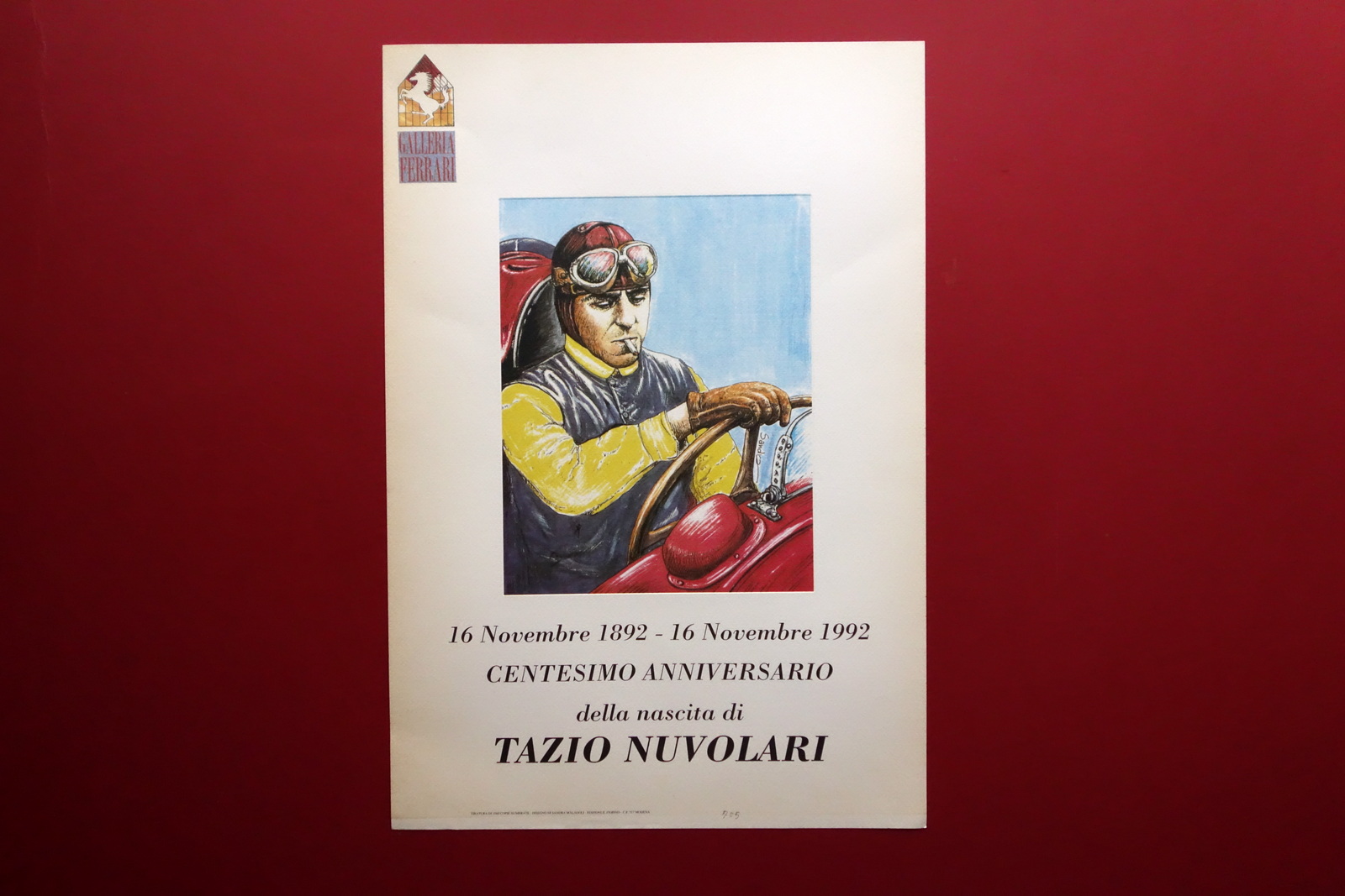 Litografia 100∞ Anniversario Nascita Tazio Nuvolari Sandra Malagoli Ferrari 1992