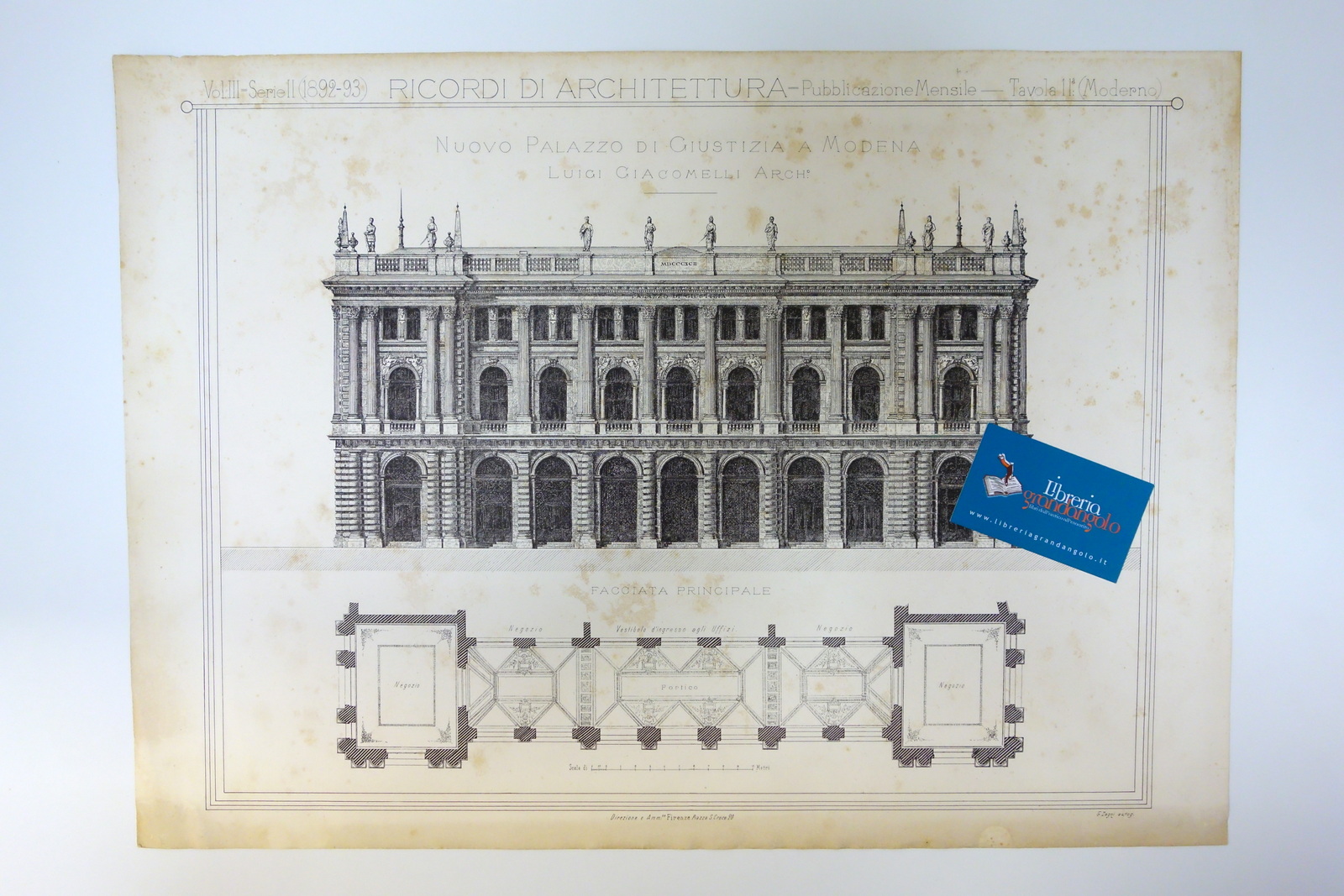 Litografia Originale Modena Palazzo di Giustizia Arch. Luigi Giacomelli 1892-93